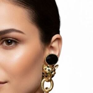 Leopard Long Drop Gold Black Earrings